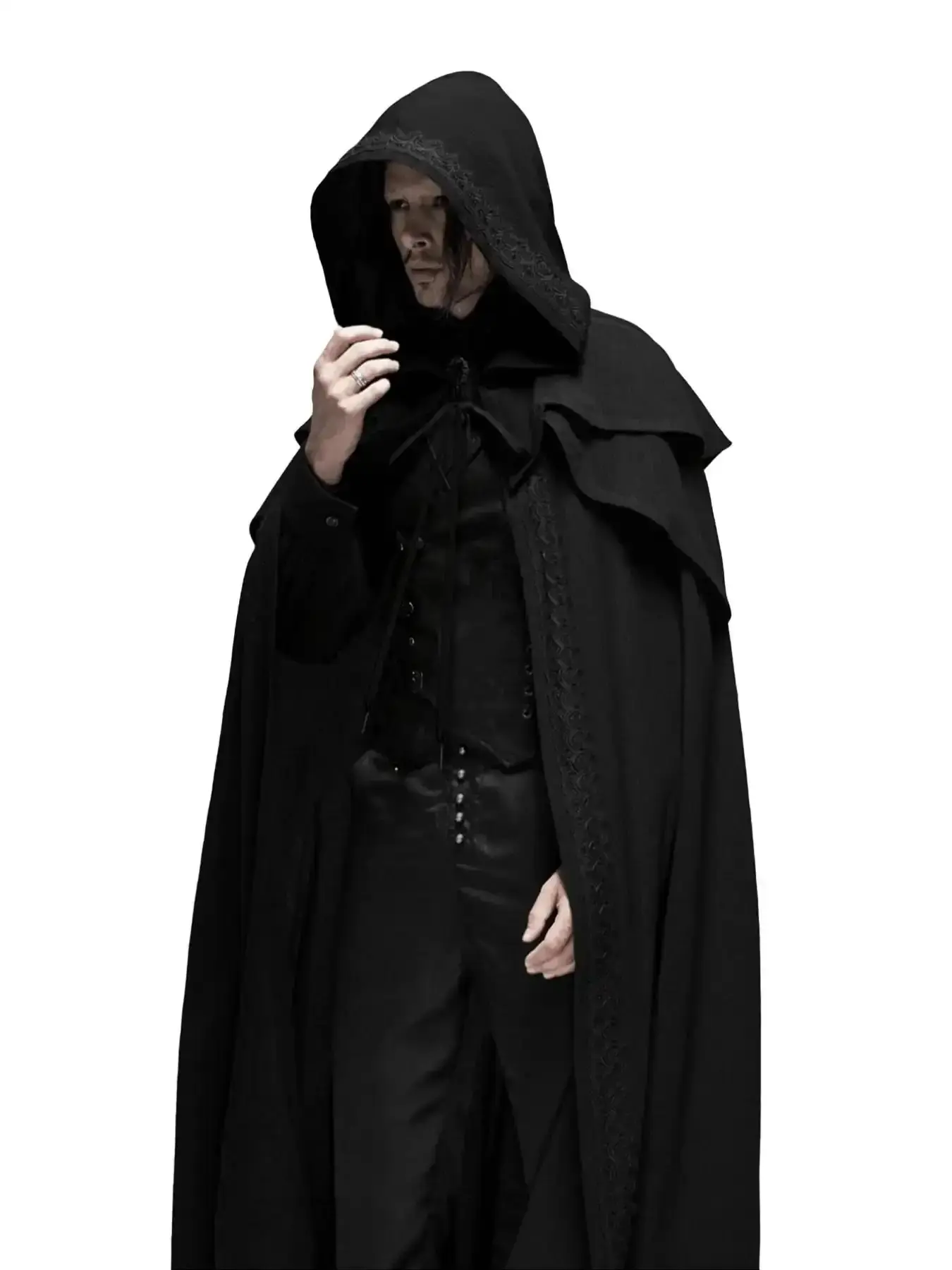 Men's Fresh Black Gothic Fashion Long Hooded Cape Medieval Renaissance Fair Cosplay Cloak Halloween Vampire with Lace Trim, Active Lifestyle, Fashion Accessory and Great Choice, Outfit Completer