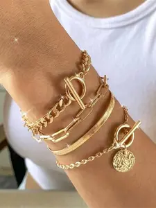 Women's 4-Piece Coin Pendant Chain Bracelet Set, Vintage Bohemian Style Stackable Bracelets for Daily Wear, All Seasons, Stackable Design, Stackable Jewelry, Stackable Accessory