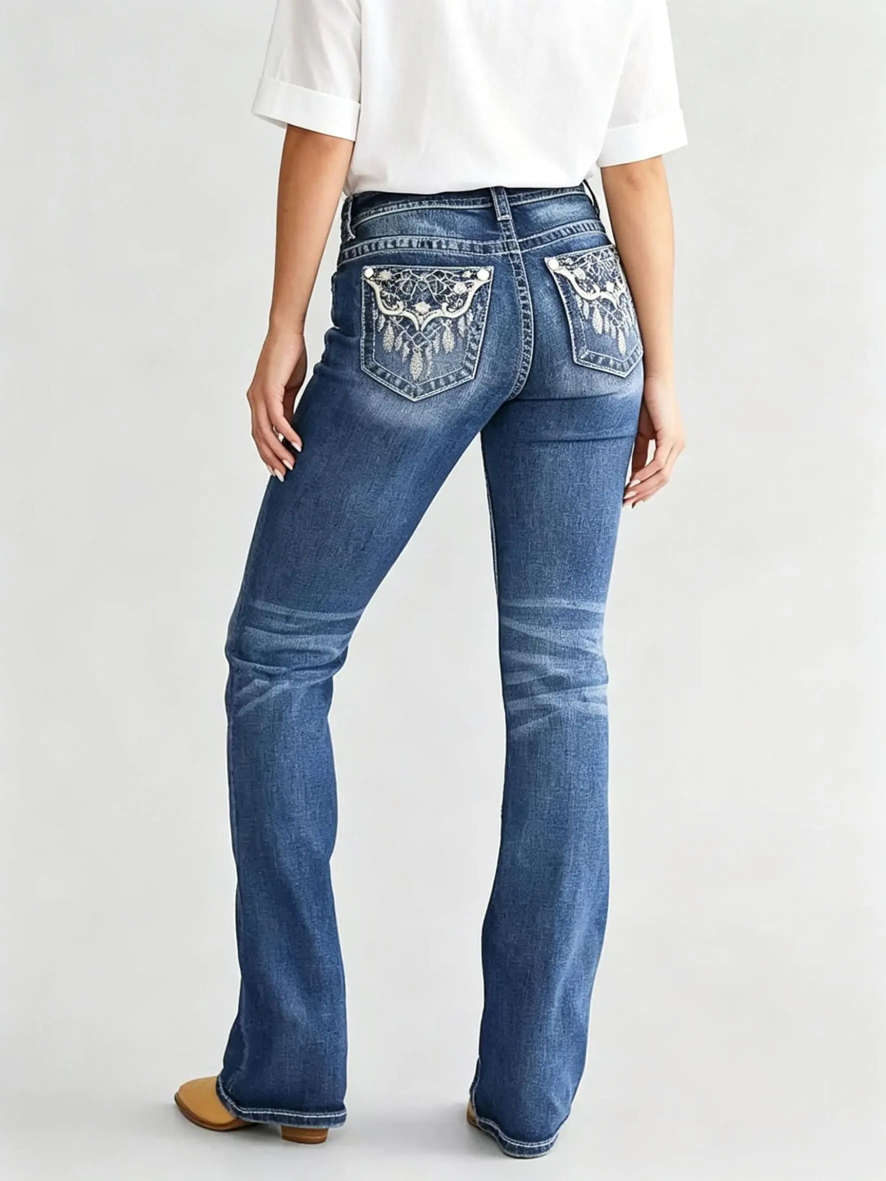 Mid Rise Gradient Whisker Wash Dreamcatcher Lace Embroidery Full Length Slim Bootcut Flare Jeans