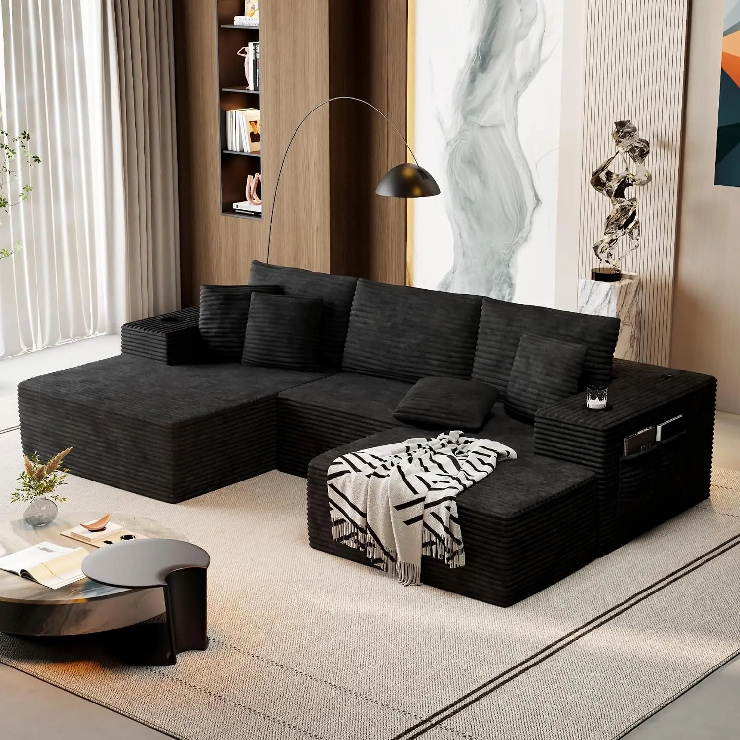 104.3" Boneless Sectional Couch with Ottoman, U Shaped Cloud Sofa, Left Chaise, USB Ports, Cup Holders & Storage Bags, No Assembly Modular Couches for Living Room, Black Corduroy, Elegante