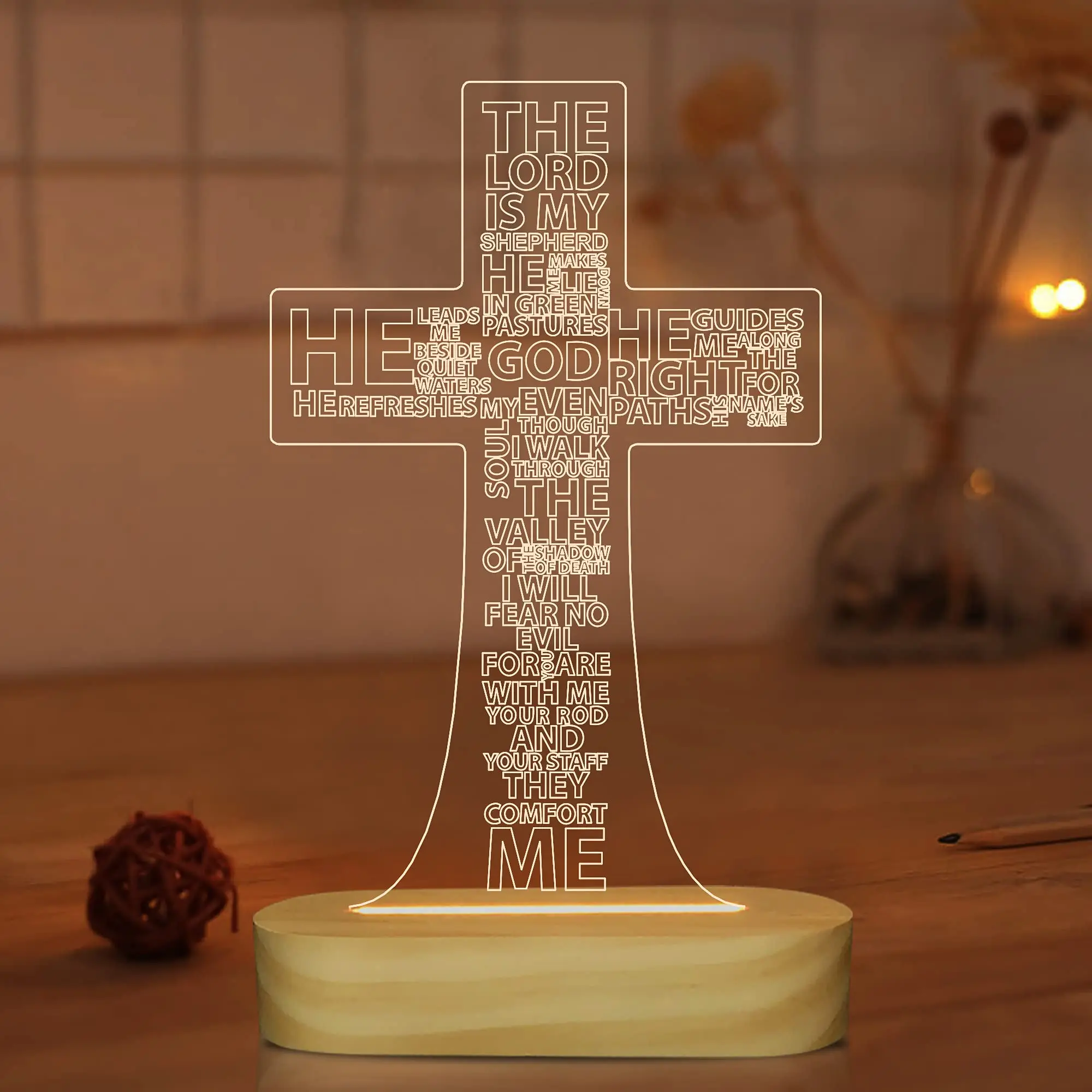 3D Christian Cross Dimmable LED Night Light - Handmade Wooden Warm White LED Backlit Table Lamp, Indoor Decorative Lamp Decor, Religious Gift for Mom, Ideal for Mother’s Day, Birthday