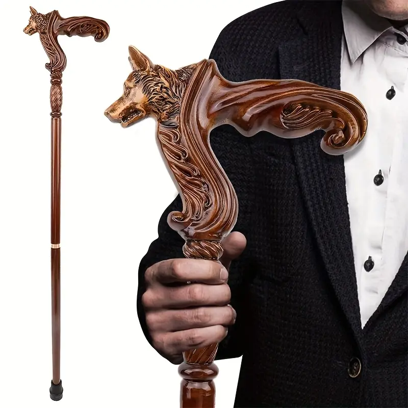 Vintage Wolf Head Walking Cane, Unisex Wooden Scepter with Ergonomic Comfortable Grip, Elegant Decorative Prop for Role-Play, Thoughtful Father's Day Gift, Thoughtful Gift, Vintage Couple Prop, Adults, Premium Wood, Gentleman's Cane