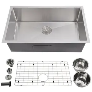 Heavy Duty Undermount Kitchen Sink Premium 16 Gauge Stainless Steel Brushed Nickel Finish Noise Insulated Design Smooth Quick Drain System Complete Accessory Set For Home Kitchen Use