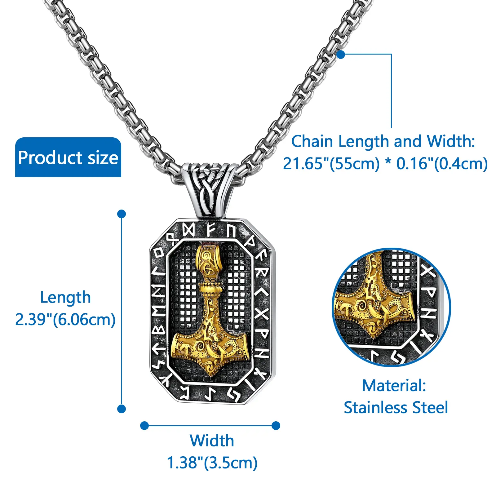 OIDEA Men's Stainless Steel Viking Chain Necklace with Flat Engraved Thor's Hammer Mjolnir Pendant, Norse Mythology Amulet with Meaningful Symbolism for Mythology Fans, Outdoor Activities, 21.65 In, Ideal Gift For Him
