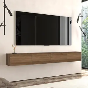 Atelier Mobili Wall Mounted Stand for 75 Inch TV - Floating TV Shelf with Modern Design and 4 Doors in Walnut