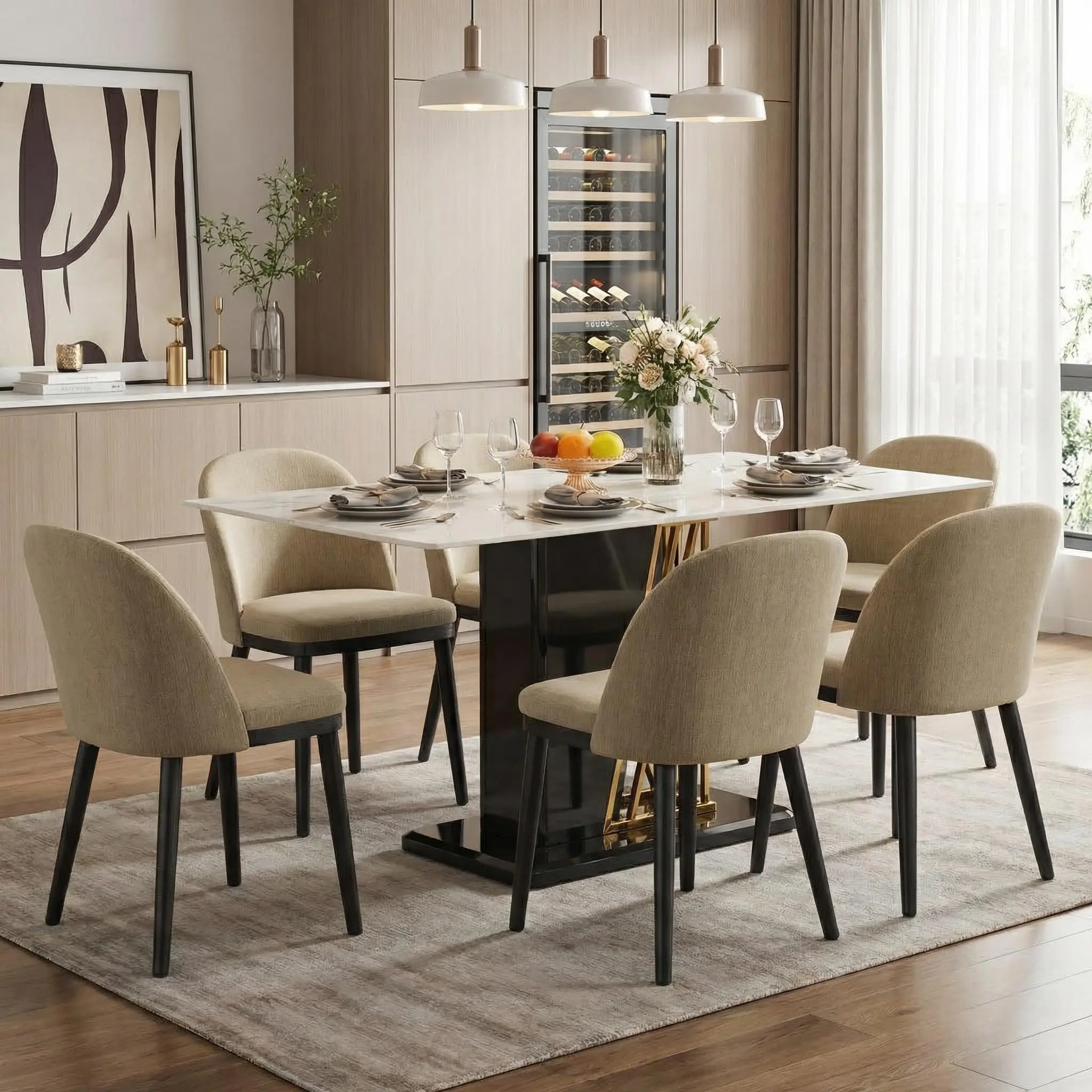 Garvee Modern Dining Chairs Set of 6, Linen Upholstered Dining Chair with Wood Legs,Ergonomic High Backrest,Kitchen Side Chairs with Thick Padded Seat for Kitchen,Living Room,Restaurant,Camel