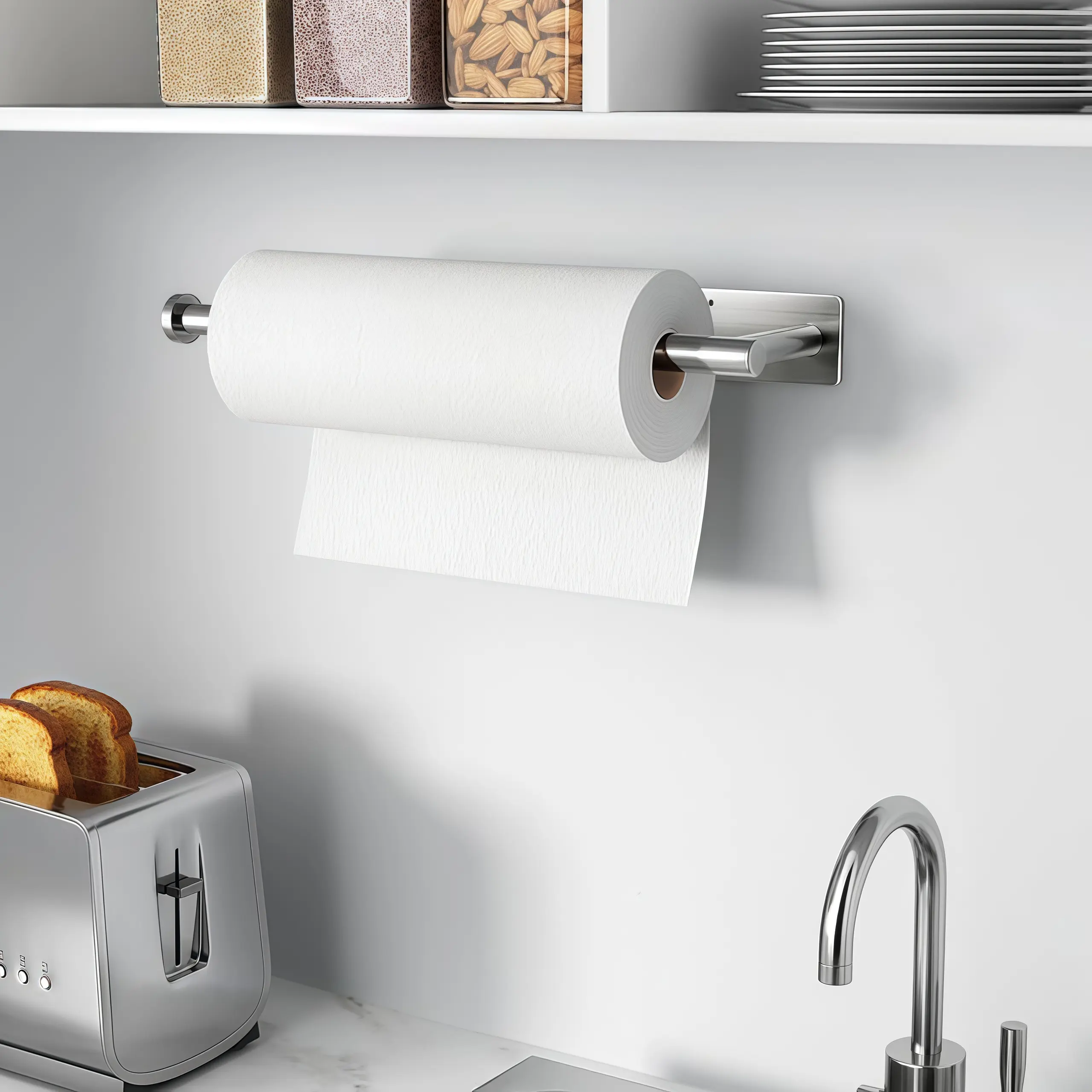1 piece silver non perforated kitchen tissue holder, stainless steel tissue holder, wall mounted kitchen tissue holder, hanging cabinet hanging tissue holder, cling film storage rack, SUS304 stainless steel kitchen roll dispenser,