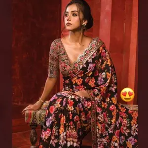 Black Georgette  saree with ready to wear Rajastani style blouse Floral Traditional Womenswear