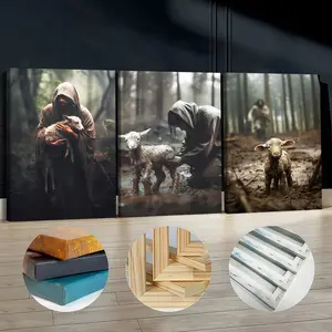 3Pcs Wooden Framed Canvas Painting Muddy Lambs And Jesus Images Exquisite Poster Home Decoration Odorless Artwork For Living Room Bedroom Office Restaurant Bar