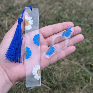 Blue and White Floral Bookmark and Book Holder Set with Blue Tassel Accents and Clear Design