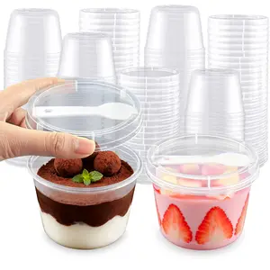 8 oz plastic dessert cups with lids and spoons, clear yogurt parfait/appetizer cup with lids for parties, mini round dessert cups with spoons for pudding/jello/milkshakes/fruit/ice cream, 25 pack