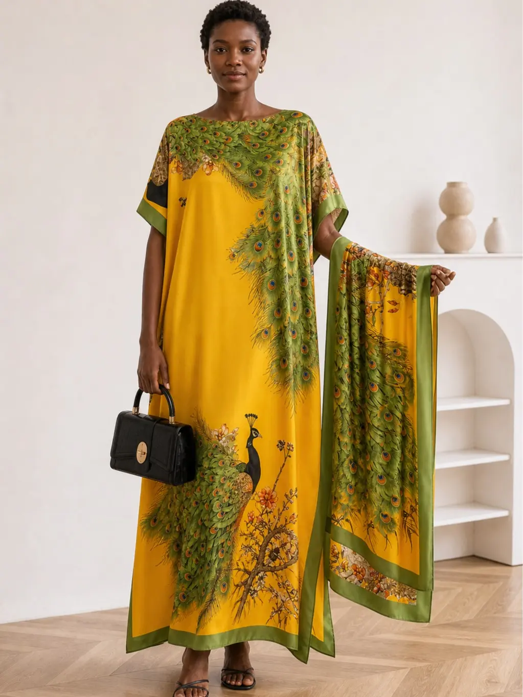 MuuMuu Muse Women's Yellow-Green Peacock Print Moomoo Dress & Matching Scarf Set, Loose Muumuu Caftan Robe, Lightweight Beach Cover Up