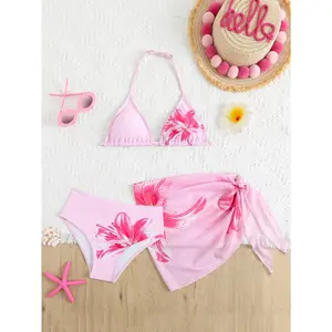 Cute Tween Floral Triangle Bikini Swimsuit Set with Sarong (Print Style Random) Young Girls Sets Swim Suits for Women Bathing Suit Set Bathing Suits for Teens Top Summer Holiday