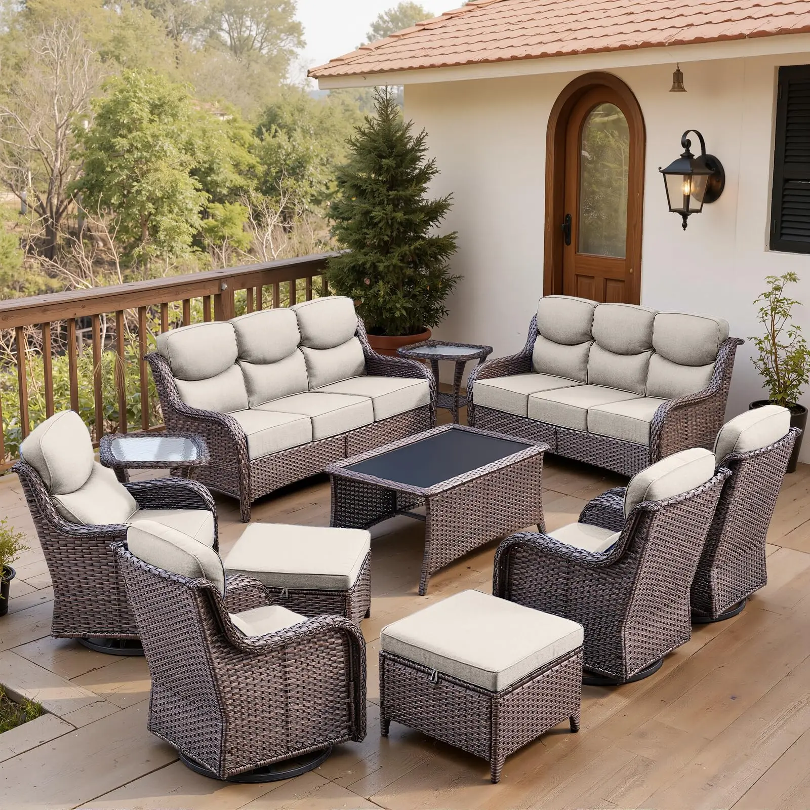 【6 Packages Shipping】Belord 11-Piece Wicker Patio Furniture Set with Swivel Glider Chairs & Deep Seating Sofas, All-Weather Outdoor Conversation Set, NT Series