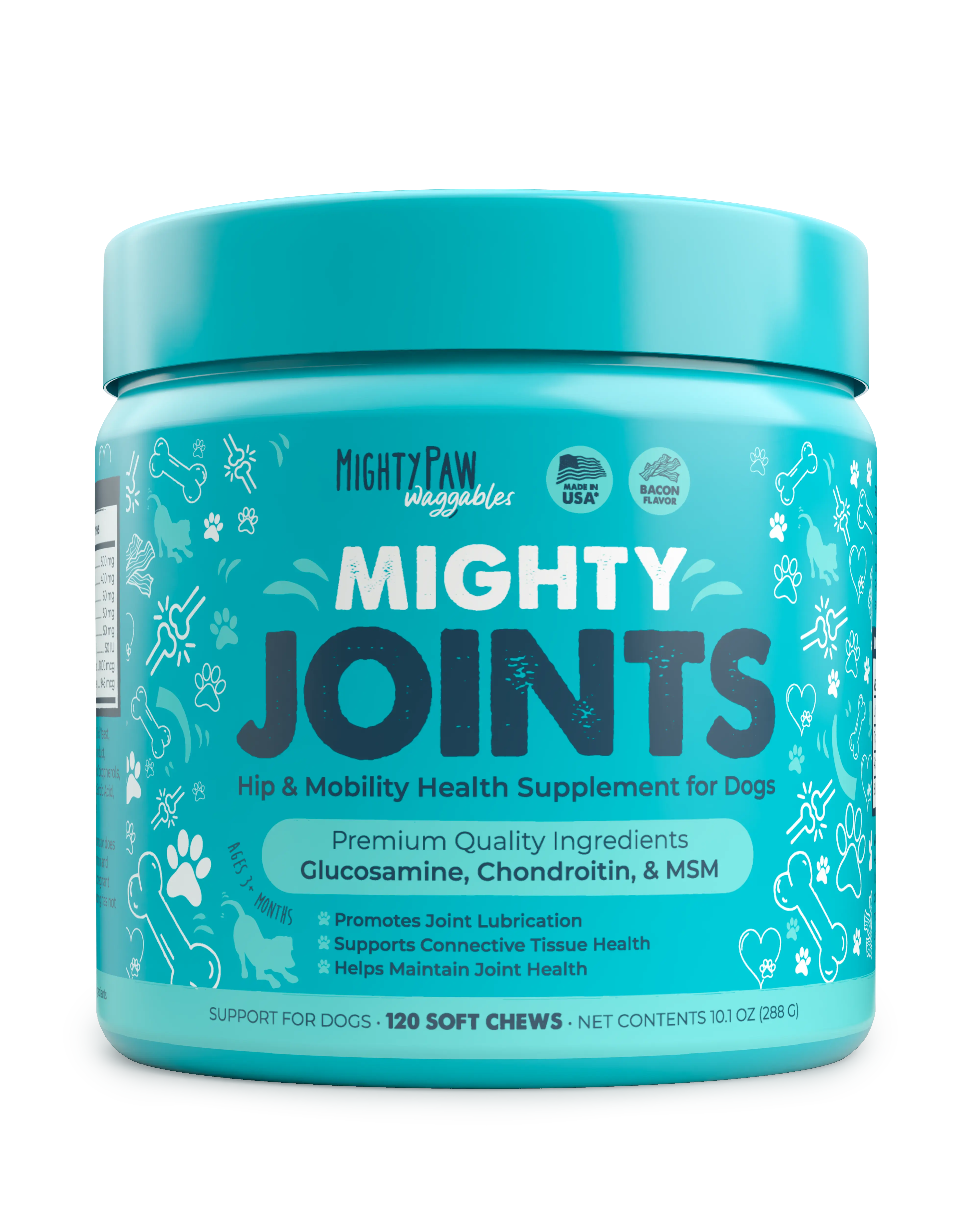 Mighty Paw Waggables Mighty Joints Hip & Mobility Chews for Dogs - Bacon Flavor, Glucosamine, Chondroitin, MSM, 120 Soft Chews