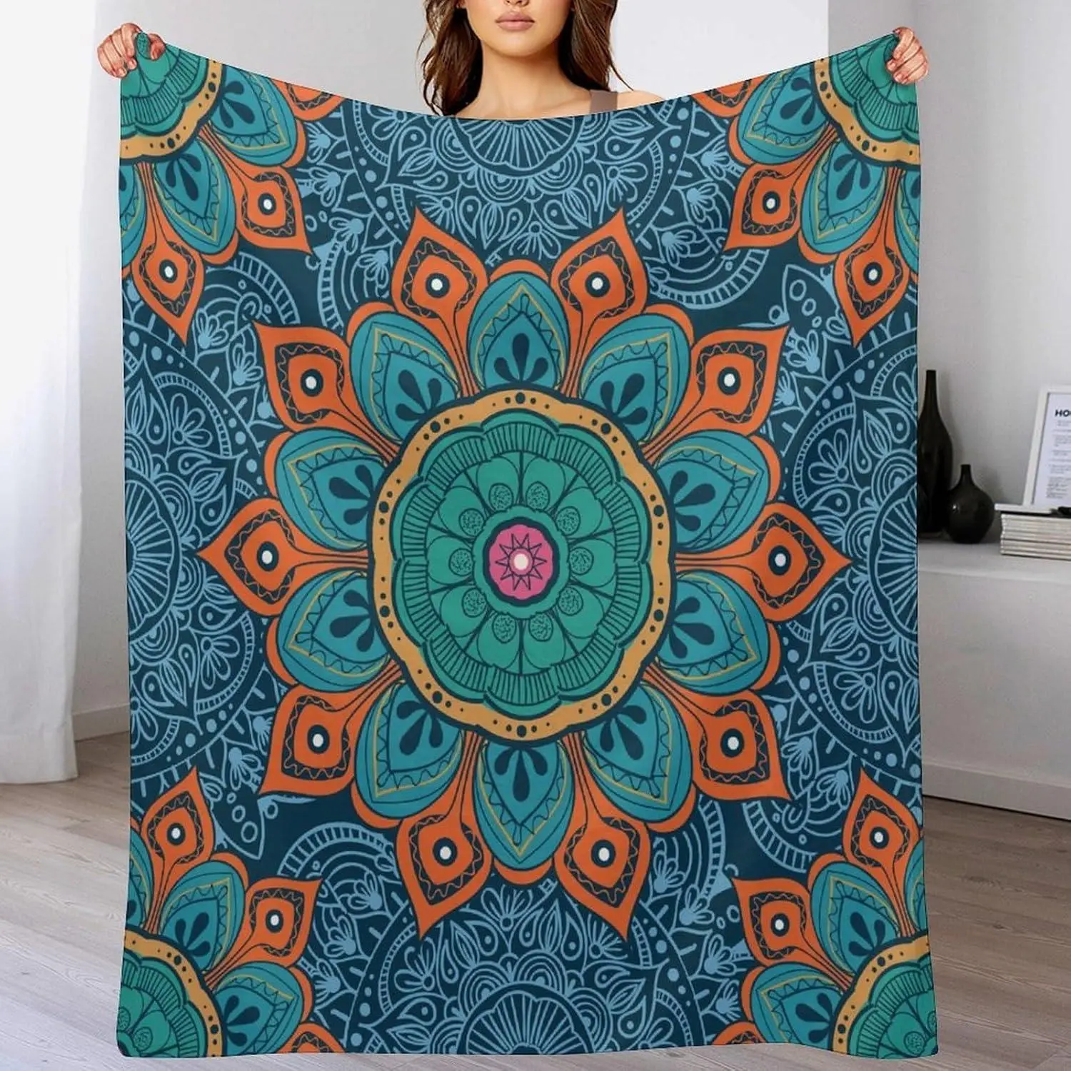 Abstract Mandala Throw Blanket - Indian Hippie Bohemian Art, Floral Texture Pattern, Colorful Afghan Blanket, Wrinkle Resistant for Sofa, Bed, 50"x60" - Ideal for Christmas, Thanksgiving, Easter Gifting to Grandparents
