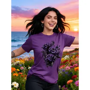 100% cotton purple rose pattern printed T-shirt, short-sleeved round-neck casual top for summer and spring, women's clothing, birthday gift, holiday gift