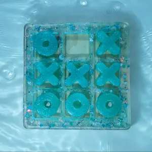 Blue Mermaid Tic Tac Toe resin epoxy game board blue shimmer