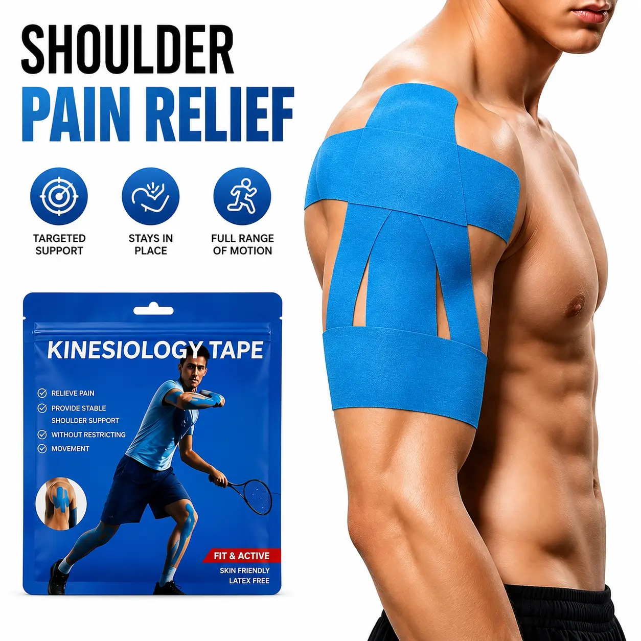 Original Precut Cotton Kinesiology Tape for Adults, 10 PCS Functional Waterproof-Breathable Shoulder Tape for Shoulder Pain Relief, Elastic Support for Swimming & Squats