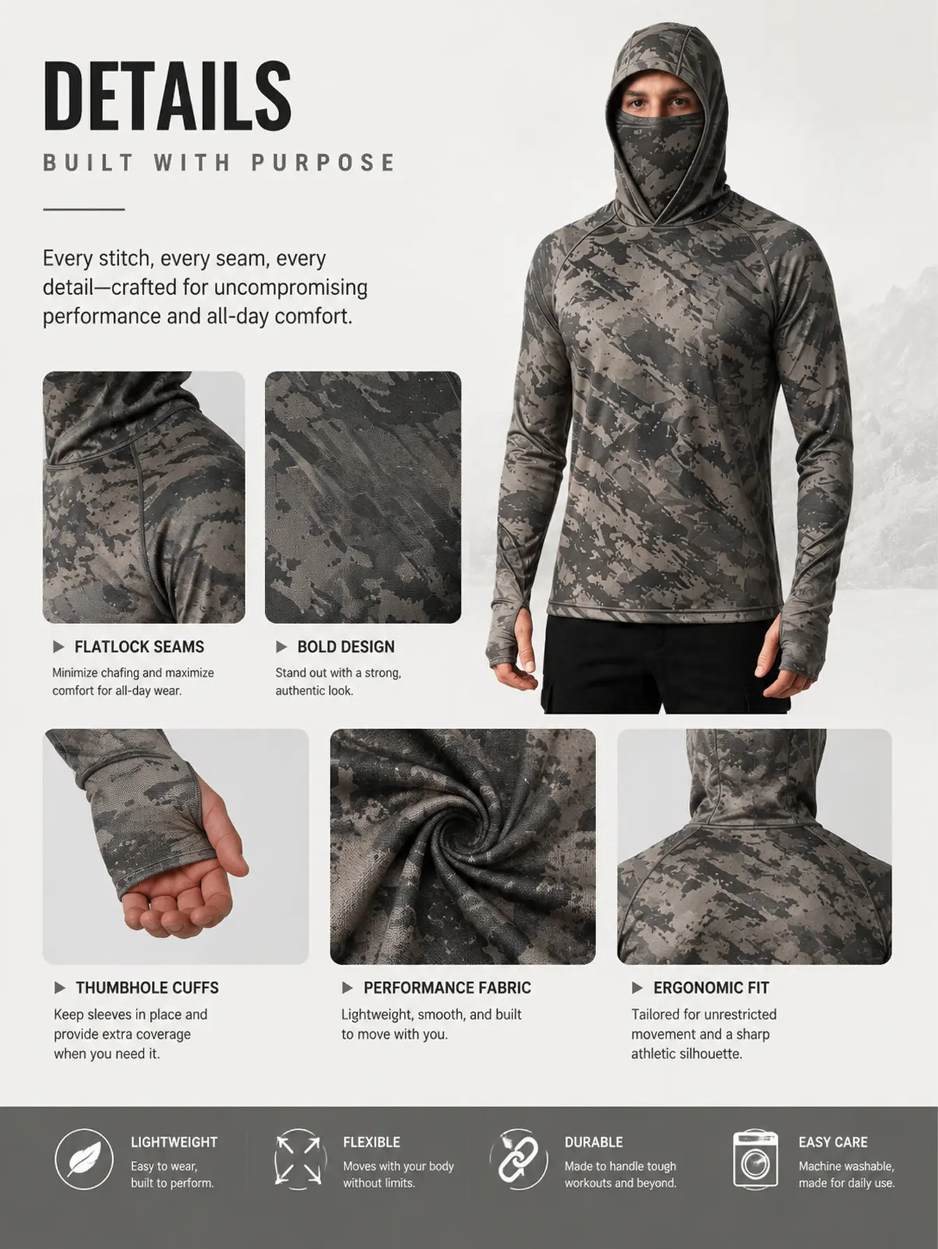 Men&rsquo;s camouflage balaclava hoodies, 5-pack &mdash; UPF sun protection long-sleeve performance workout tactical shirts for outdoor hunting and fishing