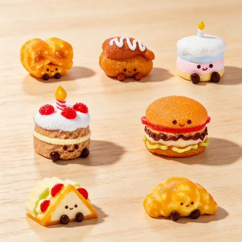 TABASQUISHY Back To School 7-Style Mini Food Handmade Taba Squishy Toy Set, Cute Slow-Rising Squeeze Fidget Items (Shrimp Tail, Sushi, Burger, Vegetable, Sandwich), Kawaii Realistic Sensory Stress Relief Collectible  for Kids Party Favors