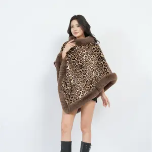 Leopard print warm autumn and winter print women's fur collar pullover cape shawl women's shawl with thickened velvet imitation otter rabbit knit  scarf winter shawl