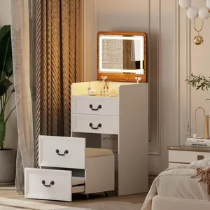 Miu Makeup Dressing Desk with Flip-up LED Mirror Glass Top 6-Compartment Storage & Soft PU Stool Adjustable Lighting Modes Brightness