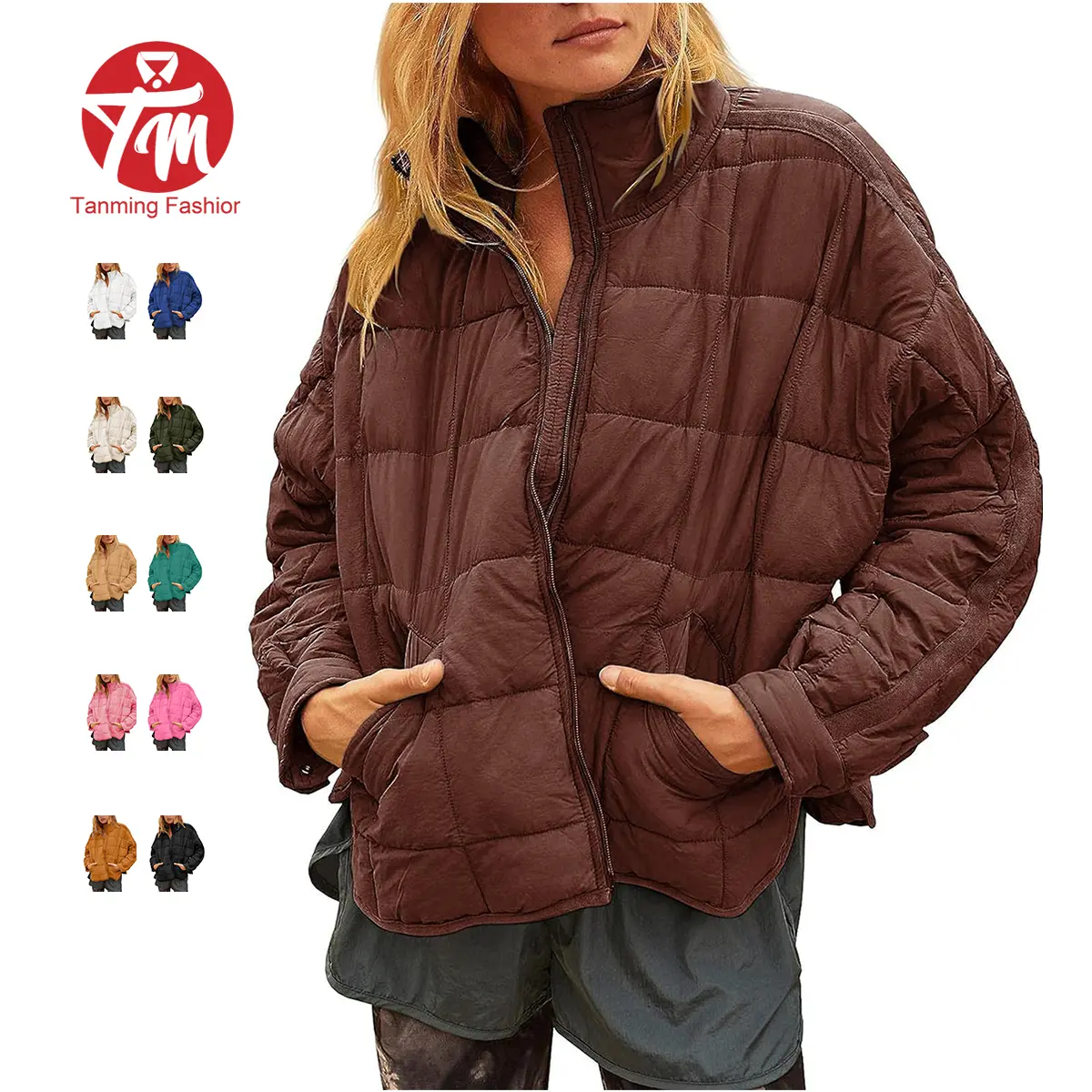 Tanming Women's Casual Quilted Puffer Jacket, Lightweight Packable Fabric Outerwear with Snap Button Cuffs for School, Everyday & Outdoor Wear, Casual Chic, Loose Fit, Cold Weather, Mid Length