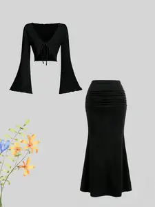 Women's Fashion Solid Color Knit Flared Cardigan & High-Waisted Bodycon Skirt Set, Casual Elegant for Spring Summer Fall Winter Wear
