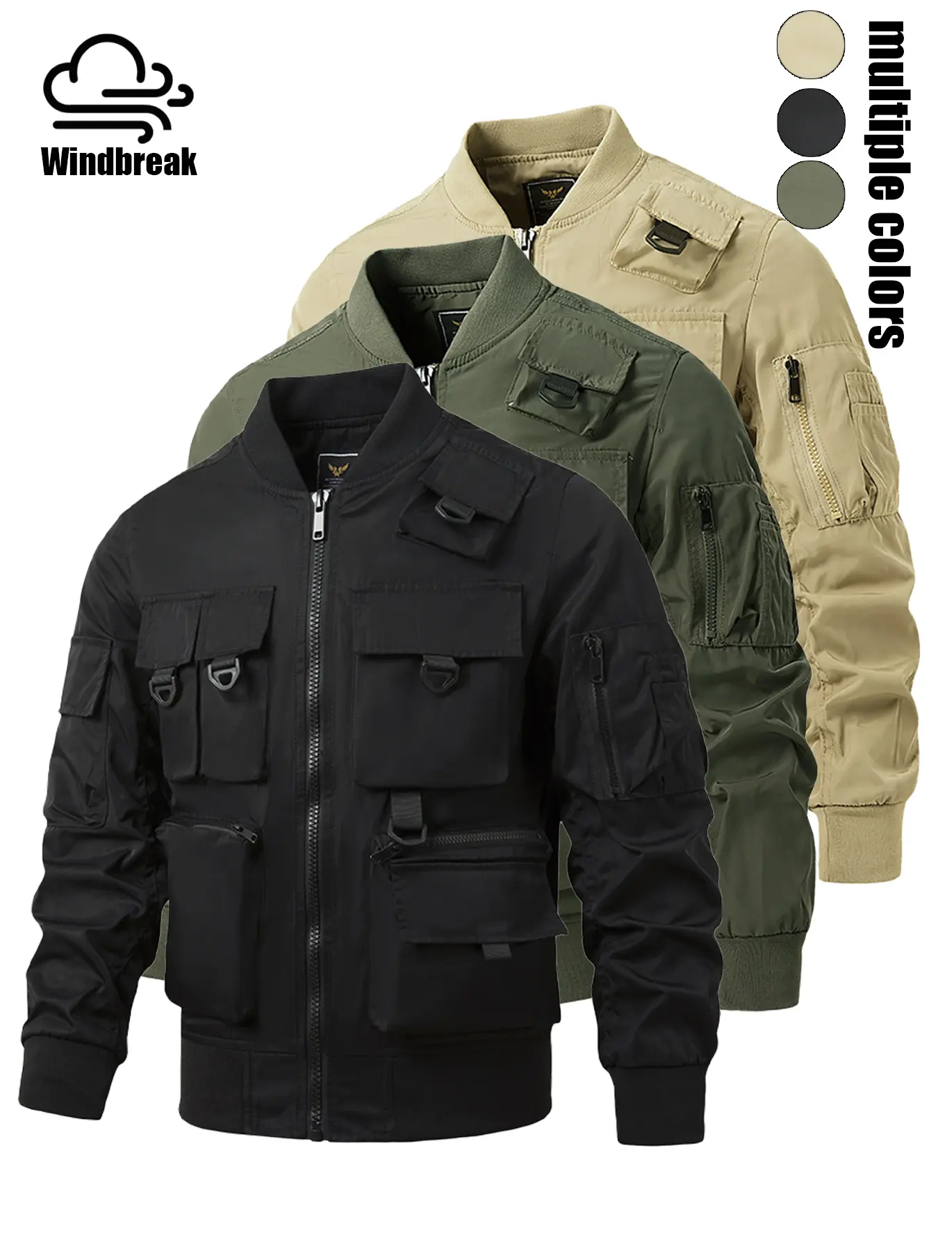 Men's Stylish Plain Cargo Bomber Jacket-Coat, Menswear Top with Layered Front Flap Pockets, Zippered Sleeve Detail, Ribbed Stand Collar, Full-Zip Closure, Shoulder Loop Accents for Military-Inspired Streetwear, Fall Outfits