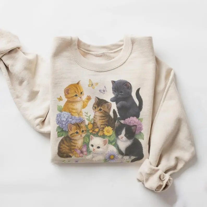Retro Kitten Sweatshirt , 90s Vintage Cute Cats Pullover, Boho Unisex Floral Cat Butterfly Graphic Crewneck, Retro Animal Top