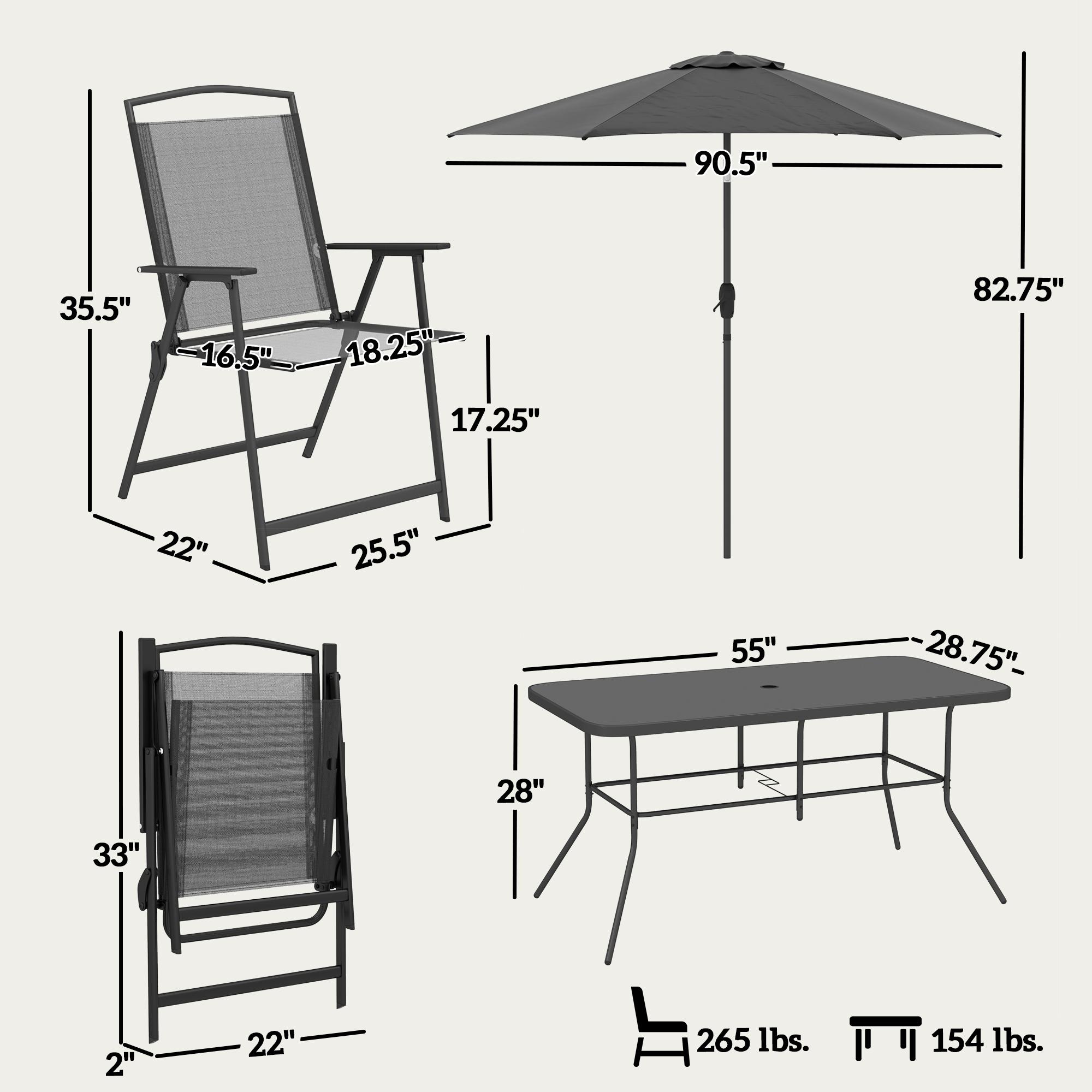 8 Piece Outdoor Dining Set, Patio Furniture Set with Umbrella, 6 Folding Chairs, Rectangle Table and Mesh Seat, Black
