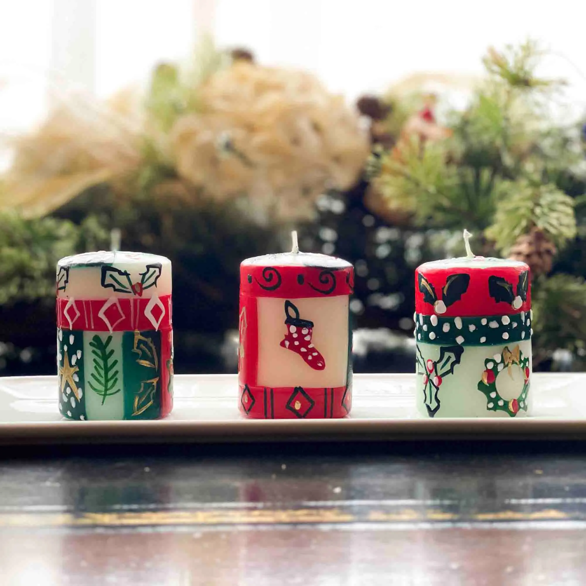 Global Crafts S/3 Artisan Painted Christmas Votive Candles