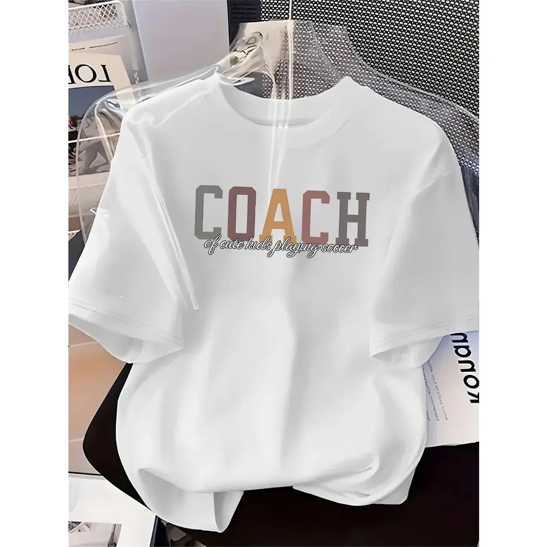 Womens Cotton Graphic Tee Coach Of Cute Kids Playing Soccer Funny Sports Mom Shirt Casual Summer Short Sleeve Crewneck Top Soft Breathable Everyday Streetwear
