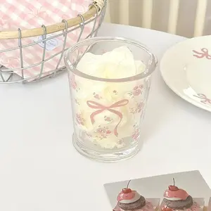 Cute Strawberry Pattern Glass Cup, 1 Count Dessert Cup, Cold Drink Cup, Drinking Cup for Home Kitchen, Kitchen Accessories, Tumblers