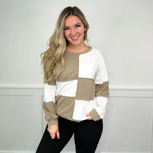 Women's Color Block Long Sleeve Top, Soft Stretchy Polyester Knit Pullover, Casual Avery Mae Style Sweater