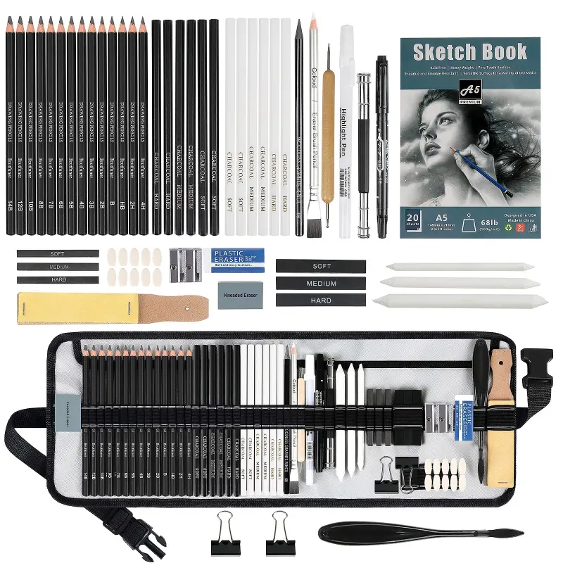 60Pcs Sketching Pencil Set with A5 Sketchbook, Includes Graphite & Charcoal Pencils, Blending Stumps, Erasers, and More - Professional Art Supplies for Adults, Ideal for Sketching & Shading, Art Drawing Supplies, Artist Supplies, Art Materials