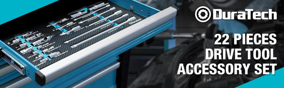 #backtoschool DURATECH 22-Piece Drive Tool Accessory Set, Including 1/4 3/8 1/2 Extension Bars, Socket Adapters, Universal Joints, Spark Plug Sockets, Professional Socket Accessories, Cr-V Steel, EVA Foam Package
