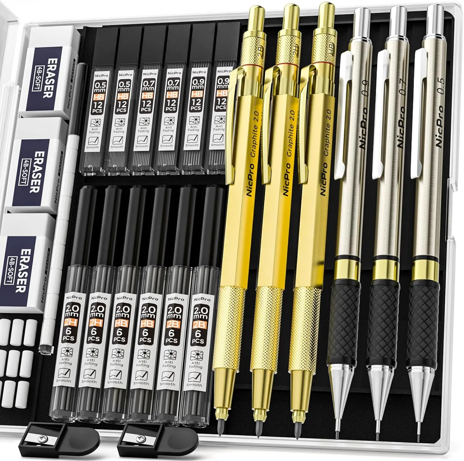 Mechanical Pencils Set, Metal Drafting Pencil 0.5, 0.7, 0.9mm & 2mm Lead Holder(2B HB 2H) For Sketching Drawing With Lead Refills Case