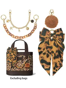 4PCS Leopard Tote Bag Accessories Set, 2 Chains, Satin Bow & Pom Pom, Handbag Decor Kit for Women