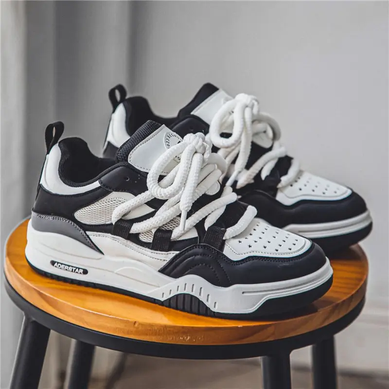 Men's PU Leather Chunky Front-Lacing Thick-Sole Low-Top All-Seasons Casual Trainers - Streetwear Casual Skateboarding Shoes, Black White Laced Shoes