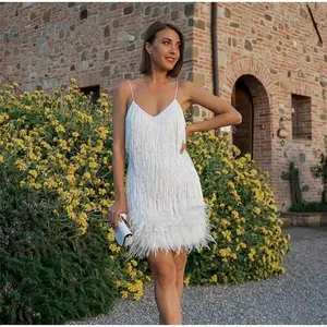 Elegant White Mini Dress with Deep V-neck Spaghetti Straps Sparkly Fringe & Feather Details for Summer Party Women's Formal Event Wear Fit Womenswear