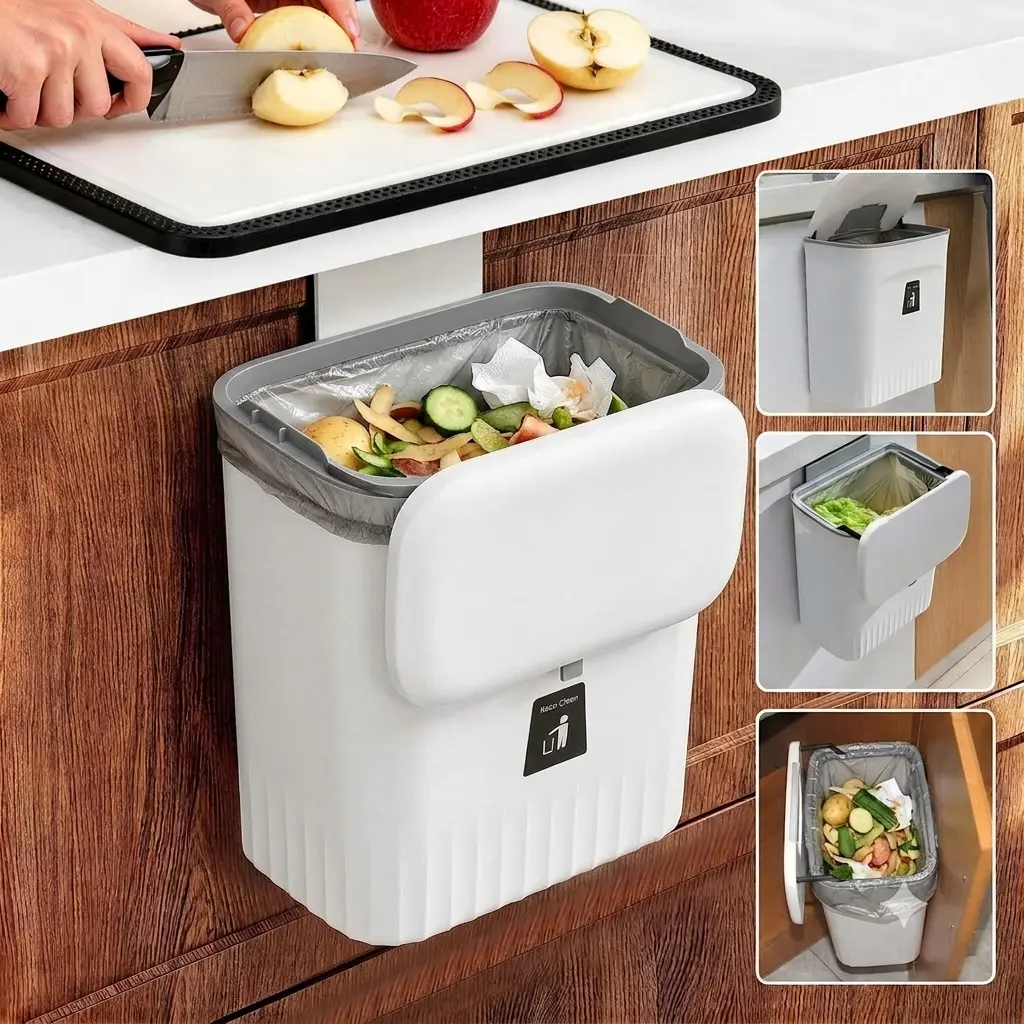 9L Kitchen Hanging Trash Can with Lid | Wall Mounted Countertop Garbage Basket, Over the Cabinet Door Waste Bin for Kitchen, Bathroom, Bedroom