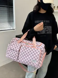 Lightweight Plaid Nylon Multifunctional Luggage Bag, Travel Duffle Bag, Large Capacity Travel Gym Bag with Shoulder Strap, Zipper Compartments, Sporty Design