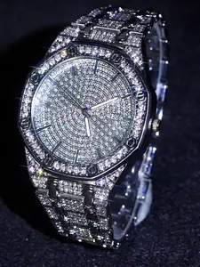 Luxury Ice Men's Watch Street Style Water Diamond Quartz Hip Hop Punk Couple Jewelry Accessory Daily Wear, Golden Band, Metal Case
