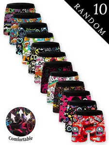 Men's Random 10 Pack Briefs, Skull Xo Cartoon Graffiti Print, Breathable Comfort Fashion Underwear, Daily Unique Style