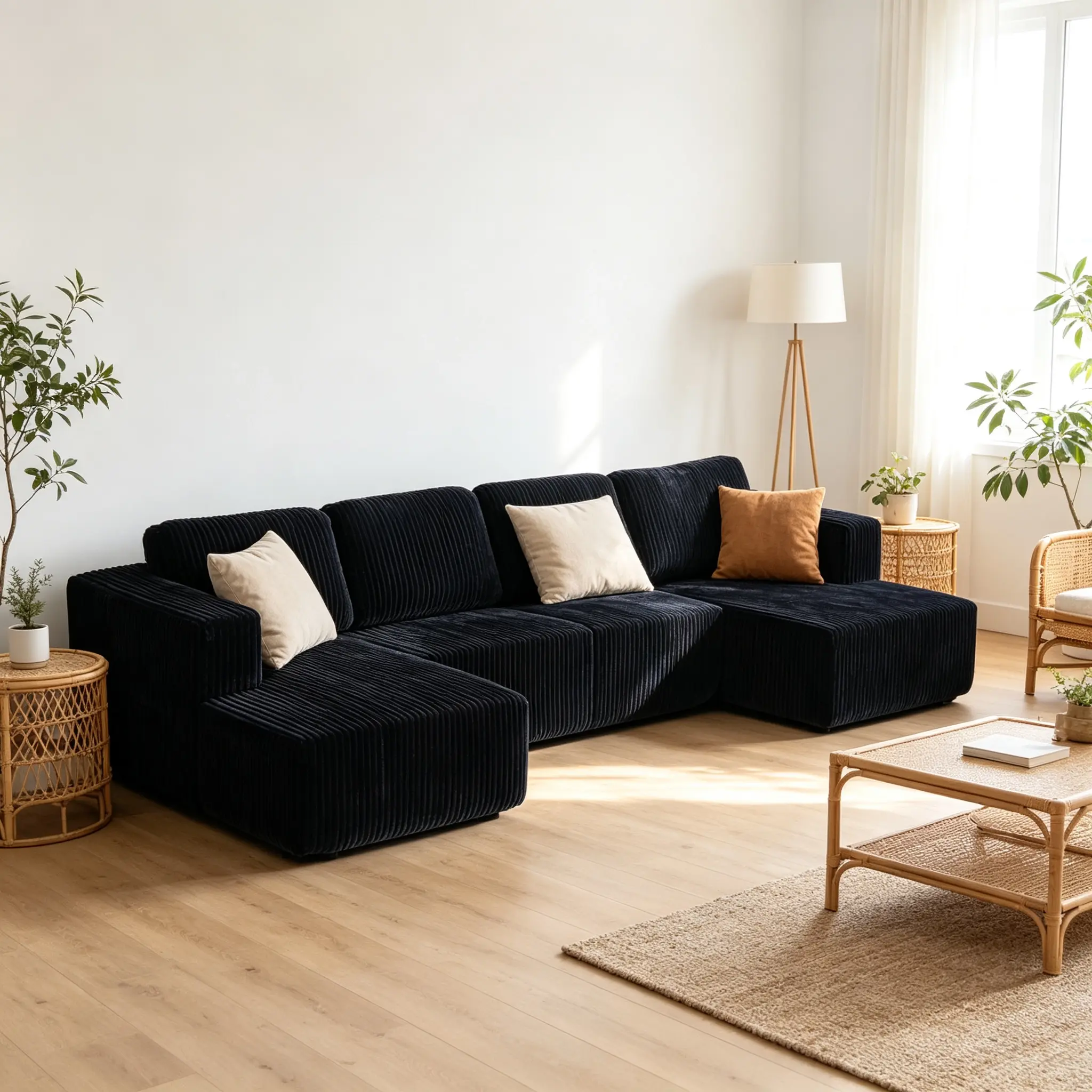 Modern Minimalist Black Corduroy U Shape Modular Compression Sofa, Convertible Sleeper Sectional Couch, Space Saving for Living Room Bedroom