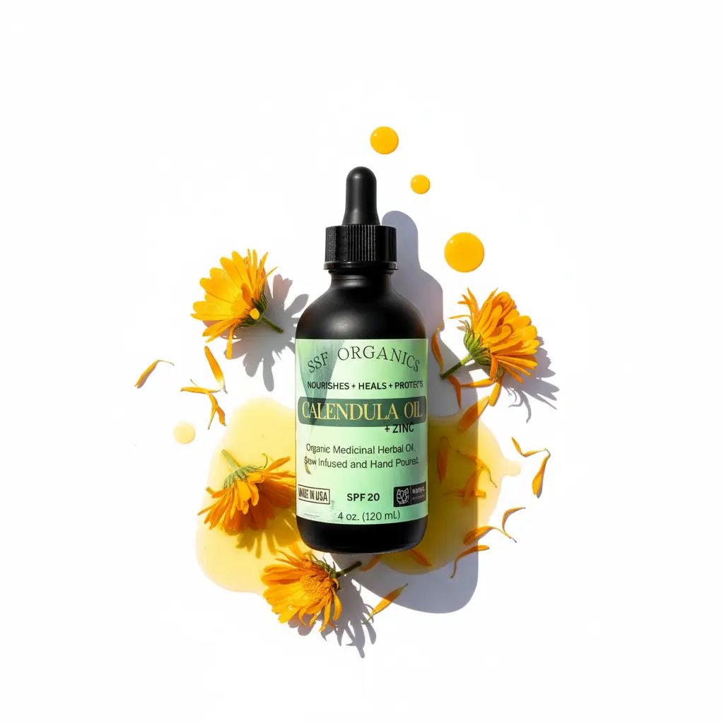 Serendipitous Summer Farms Organic Calendula Body Oil - Hydrating Skin Repair for Eczema, Psoriasis & Cracked Heels - Gentle Moisturizer for Sensitive Skin, Acne, Aluminum Free, Calendula Oil, Moisture, Sun Protection, All, Body Care, Plant, Flower, Rice,