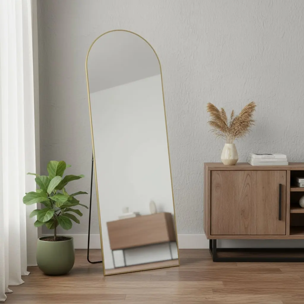63 in. Elegant Modern Gold Metal Frame Tempered Glass Full-Length Mirror - 360-Rotating Stand, Freestanding & Wall-Mount, Commercial Vanity Aesthetic Home Decor Accent for Lounge