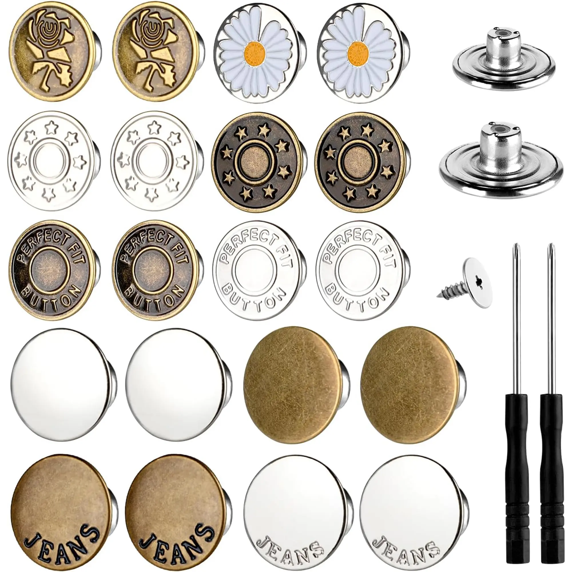 20 Counts No Sew Replacement Jean Buttons, Instant Adjustable Jeans Pants Buttons Replacement Kit, Metal Snap Denim Buttons for Clothes Bags Hats Styles Random